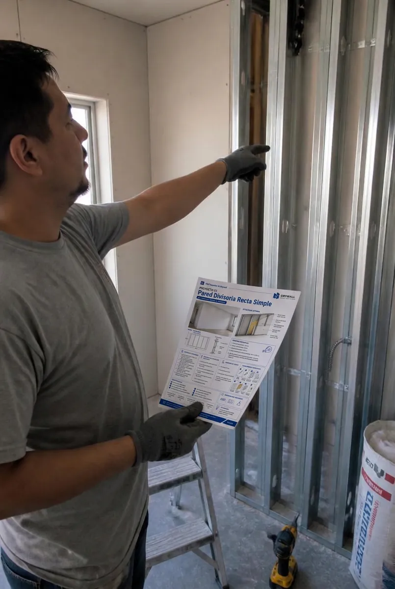 Profesional latino usando la ficha técnica de drywall como referencia en la obra